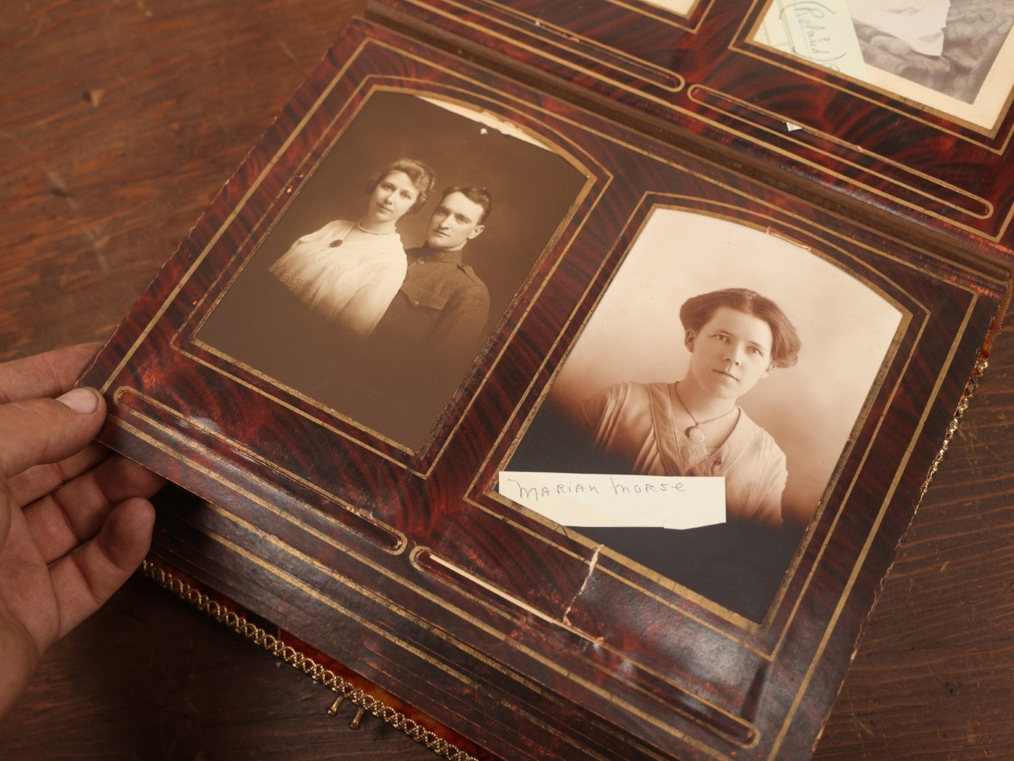 Lot 028 - Antique Family Photograph Album With Velvet Covering And Beveled Glass Heart Mirror, Containing 34 Cabinet Card Photos, 10 C.D.V.S, 1 Tintype, And 23 Paper Portrait Snapshots