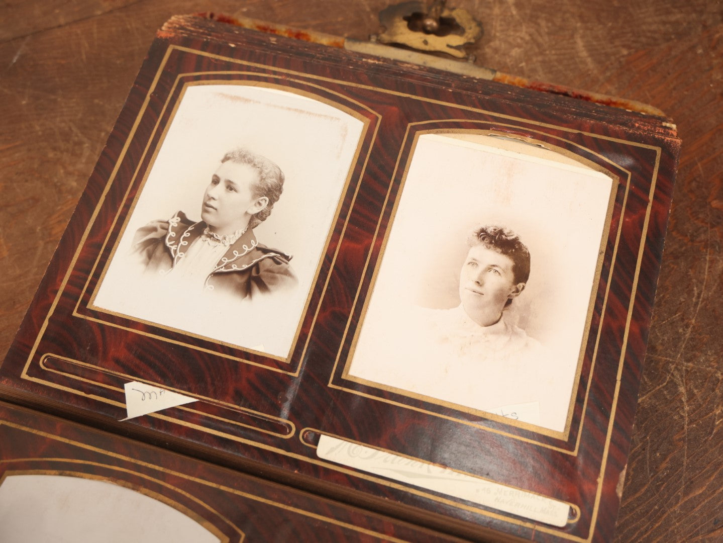 Lot 028 - Antique Family Photograph Album With Velvet Covering And Beveled Glass Heart Mirror, Containing 34 Cabinet Card Photos, 10 C.D.V.S, 1 Tintype, And 23 Paper Portrait Snapshots