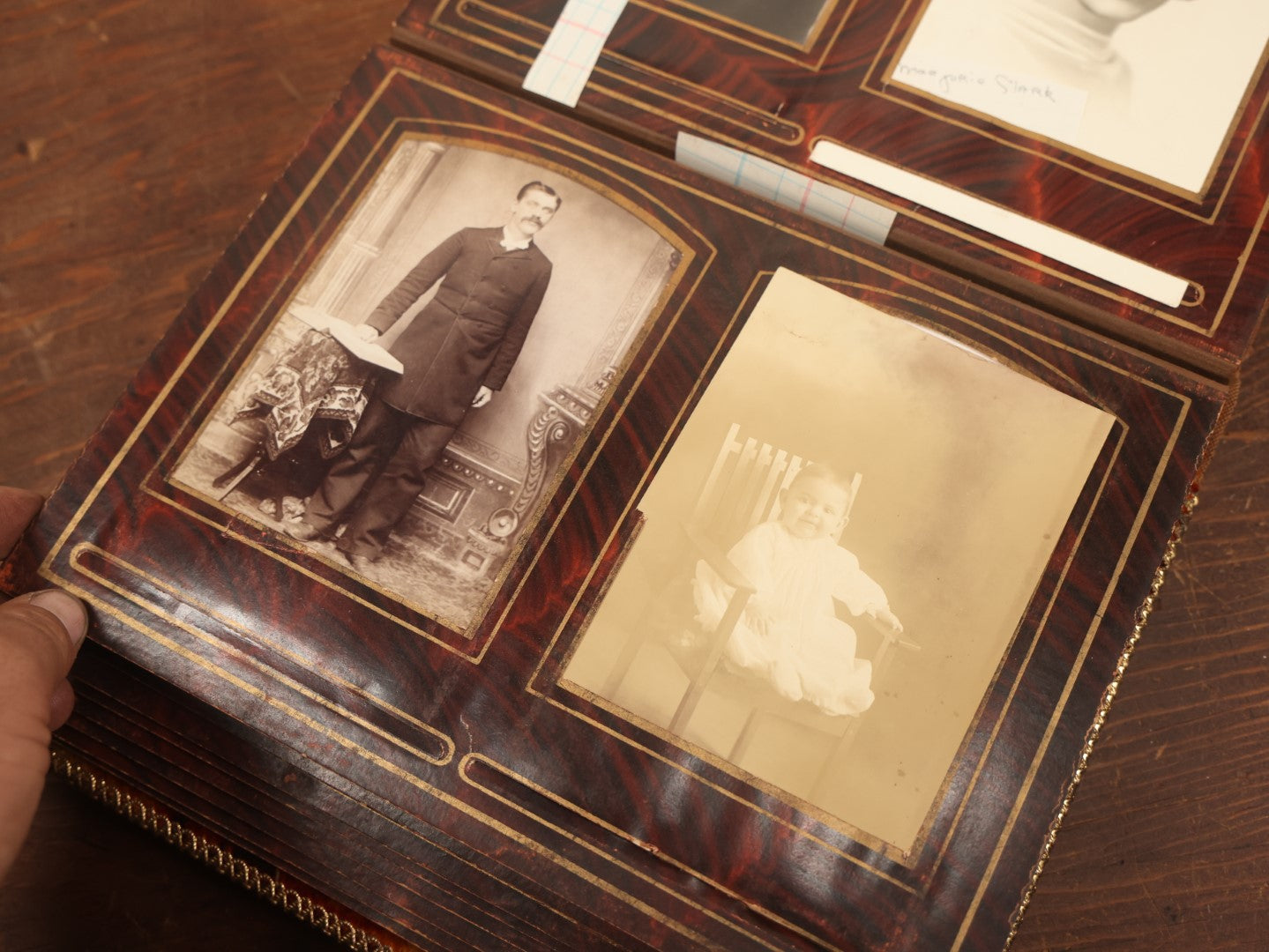 Lot 028 - Antique Family Photograph Album With Velvet Covering And Beveled Glass Heart Mirror, Containing 34 Cabinet Card Photos, 10 C.D.V.S, 1 Tintype, And 23 Paper Portrait Snapshots