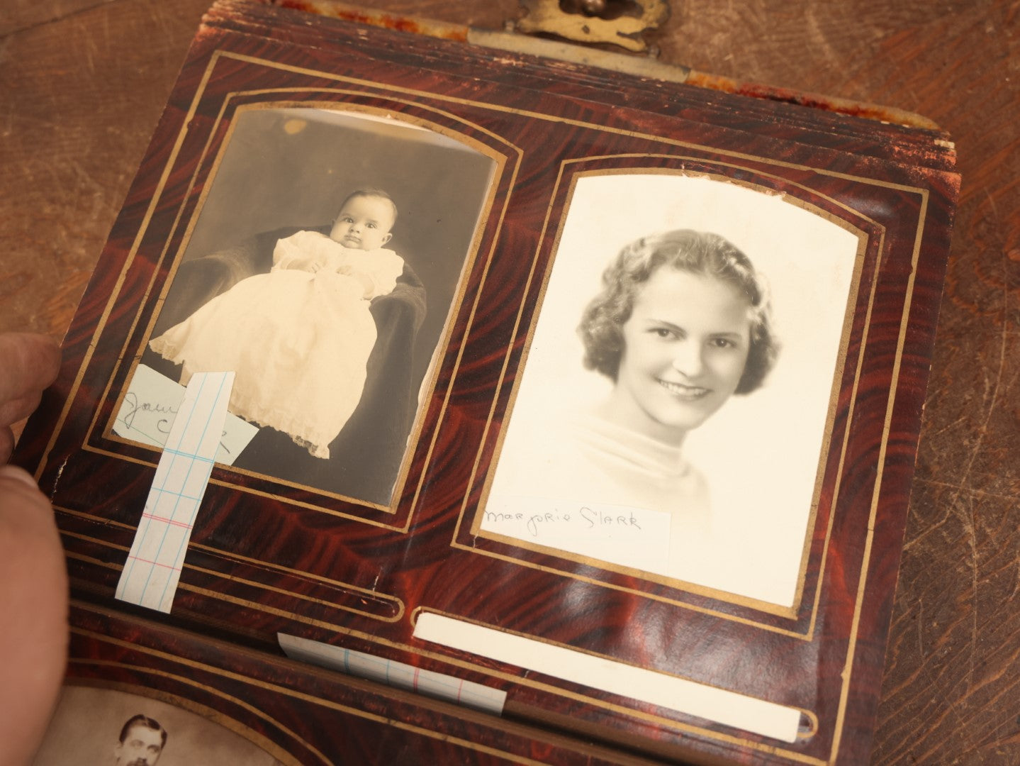 Lot 028 - Antique Family Photograph Album With Velvet Covering And Beveled Glass Heart Mirror, Containing 34 Cabinet Card Photos, 10 C.D.V.S, 1 Tintype, And 23 Paper Portrait Snapshots