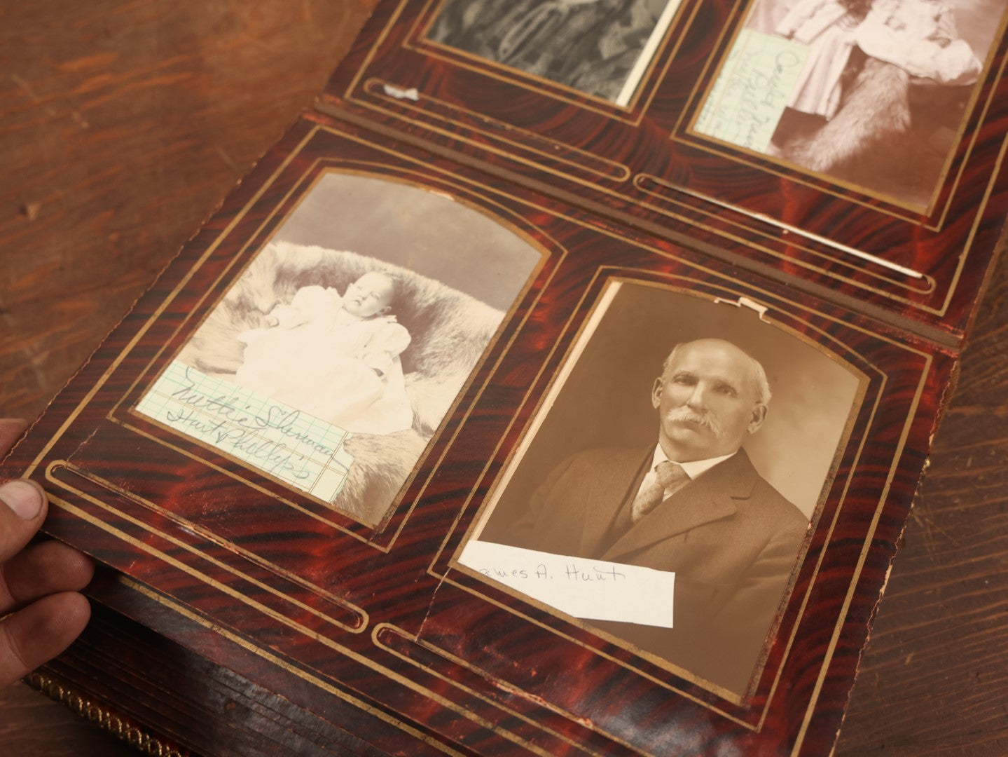 Lot 028 - Antique Family Photograph Album With Velvet Covering And Beveled Glass Heart Mirror, Containing 34 Cabinet Card Photos, 10 C.D.V.S, 1 Tintype, And 23 Paper Portrait Snapshots