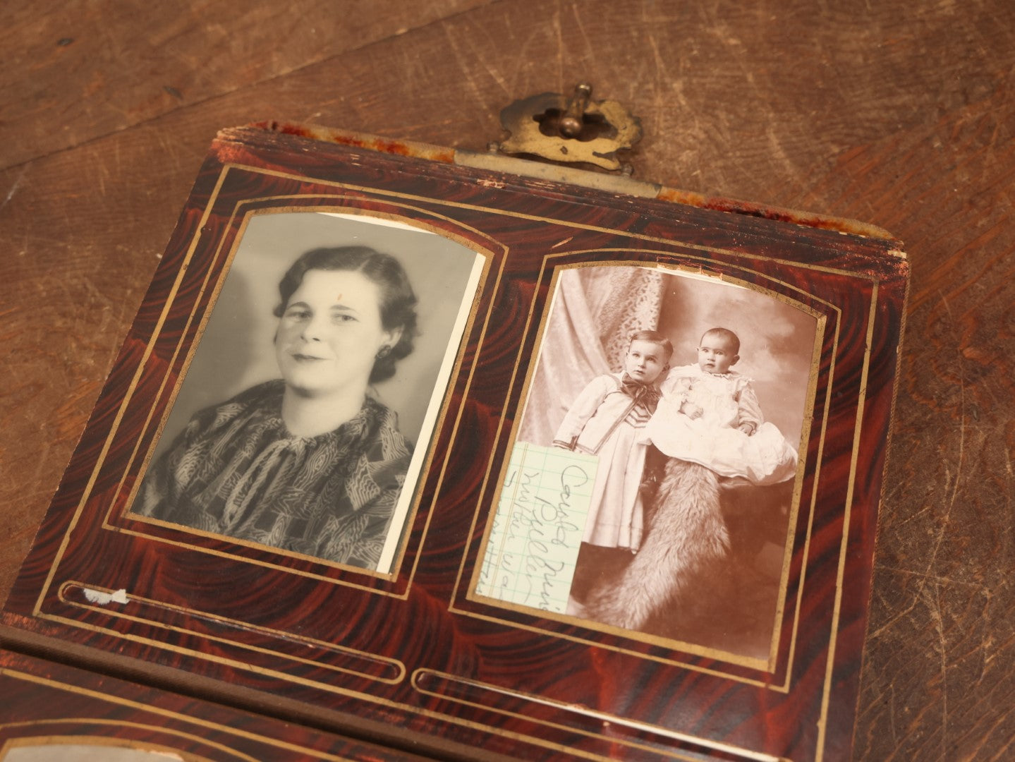 Lot 028 - Antique Family Photograph Album With Velvet Covering And Beveled Glass Heart Mirror, Containing 34 Cabinet Card Photos, 10 C.D.V.S, 1 Tintype, And 23 Paper Portrait Snapshots