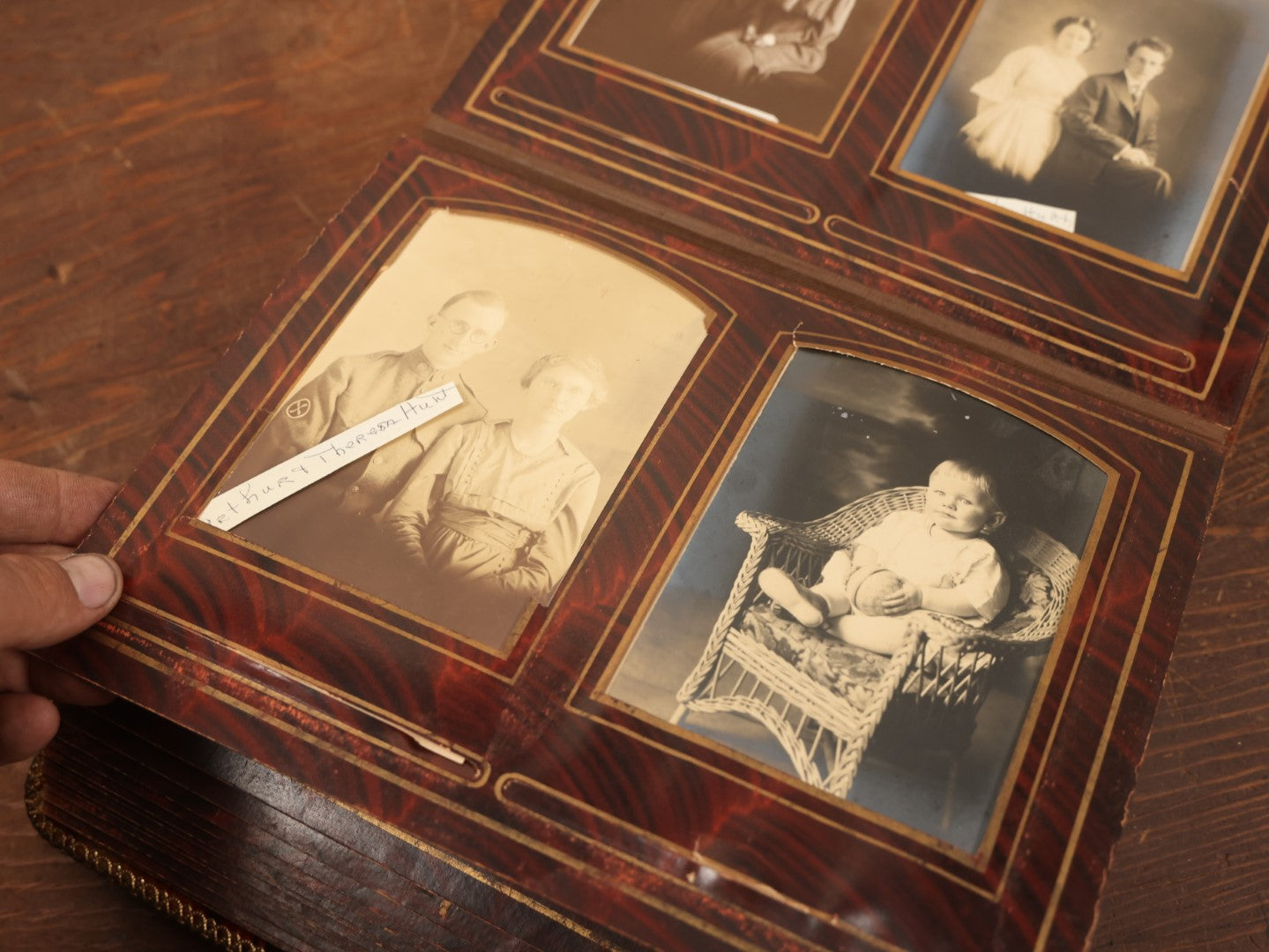 Lot 028 - Antique Family Photograph Album With Velvet Covering And Beveled Glass Heart Mirror, Containing 34 Cabinet Card Photos, 10 C.D.V.S, 1 Tintype, And 23 Paper Portrait Snapshots