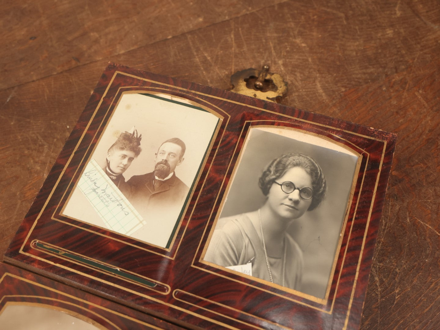 Lot 028 - Antique Family Photograph Album With Velvet Covering And Beveled Glass Heart Mirror, Containing 34 Cabinet Card Photos, 10 C.D.V.S, 1 Tintype, And 23 Paper Portrait Snapshots