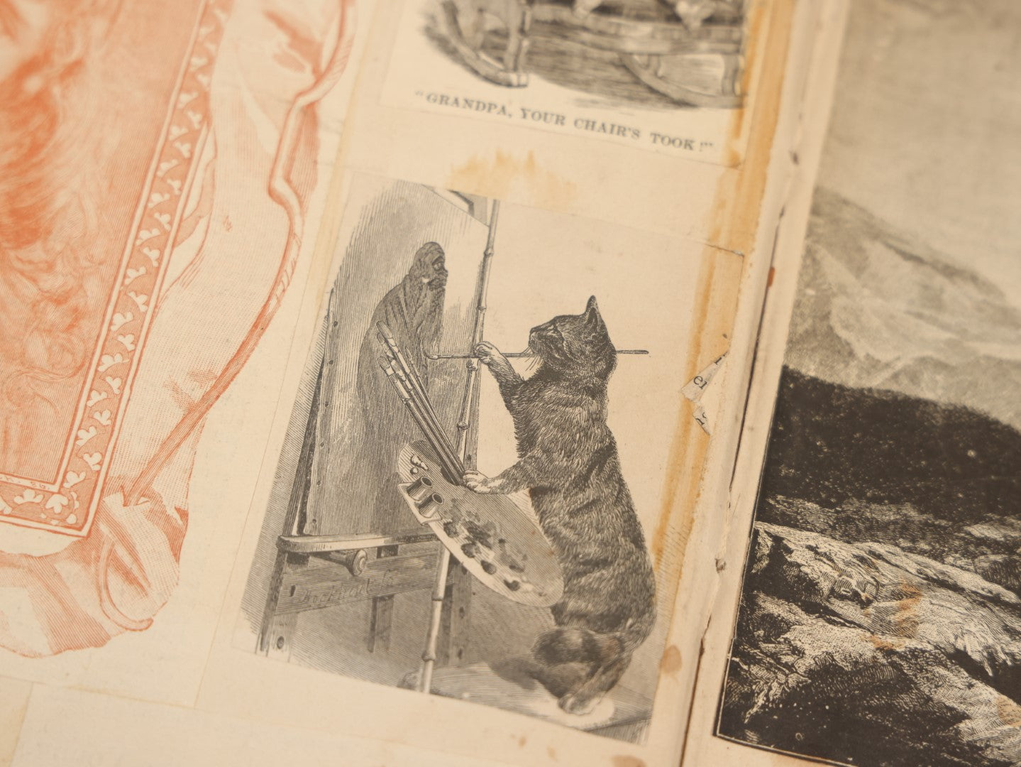 Lot 029 - Victorian Variegated Scrapbook Loaded With Unusual Clippings And Engravings, Cartoons, Trade Cards, Die Cuts, And Lithos