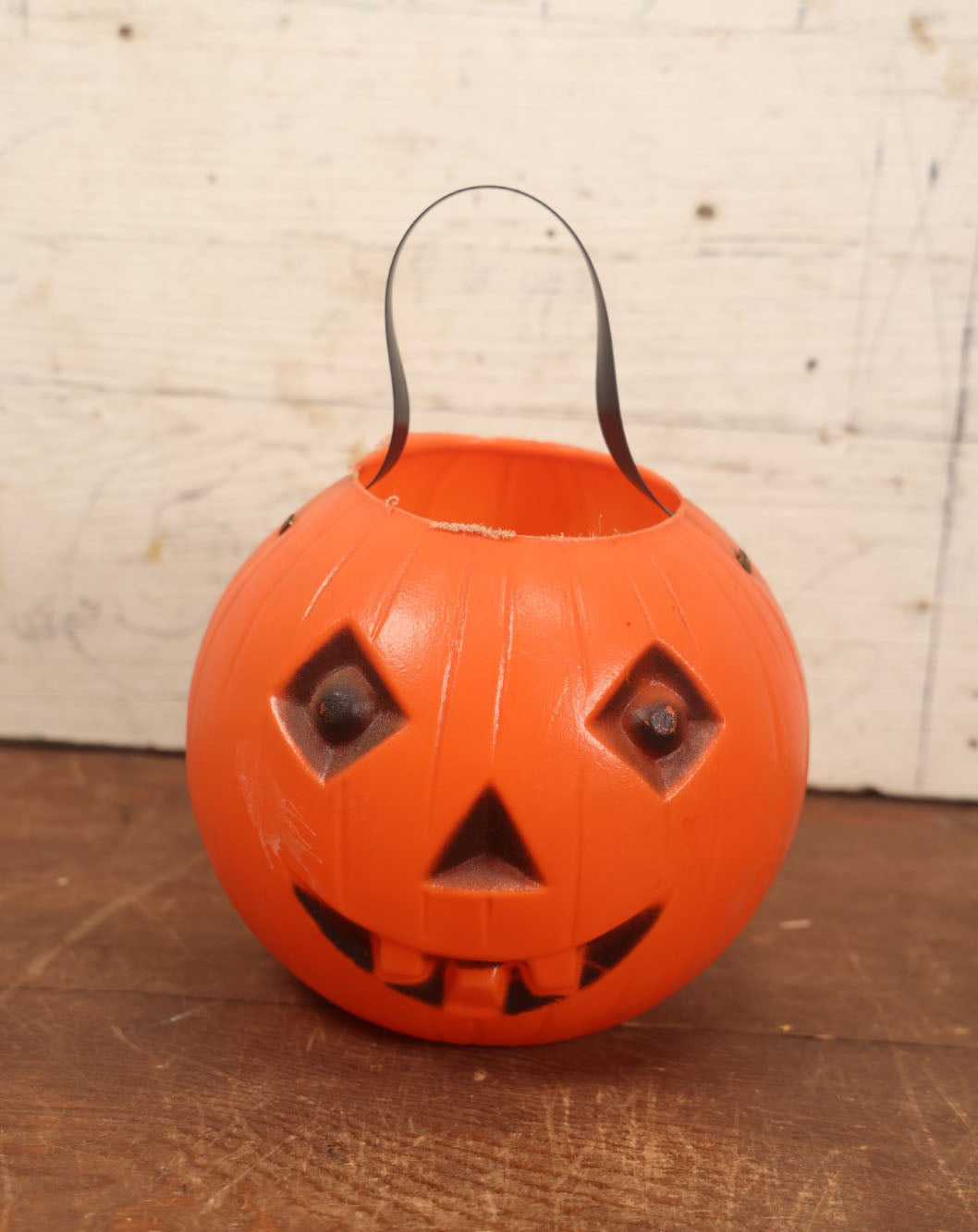 Lot 042 - Vintage Halloween Pumpkin Jack-O-Lantern J.O.L. Blow Mold Candy Bucket With Handle - Darker Black Face