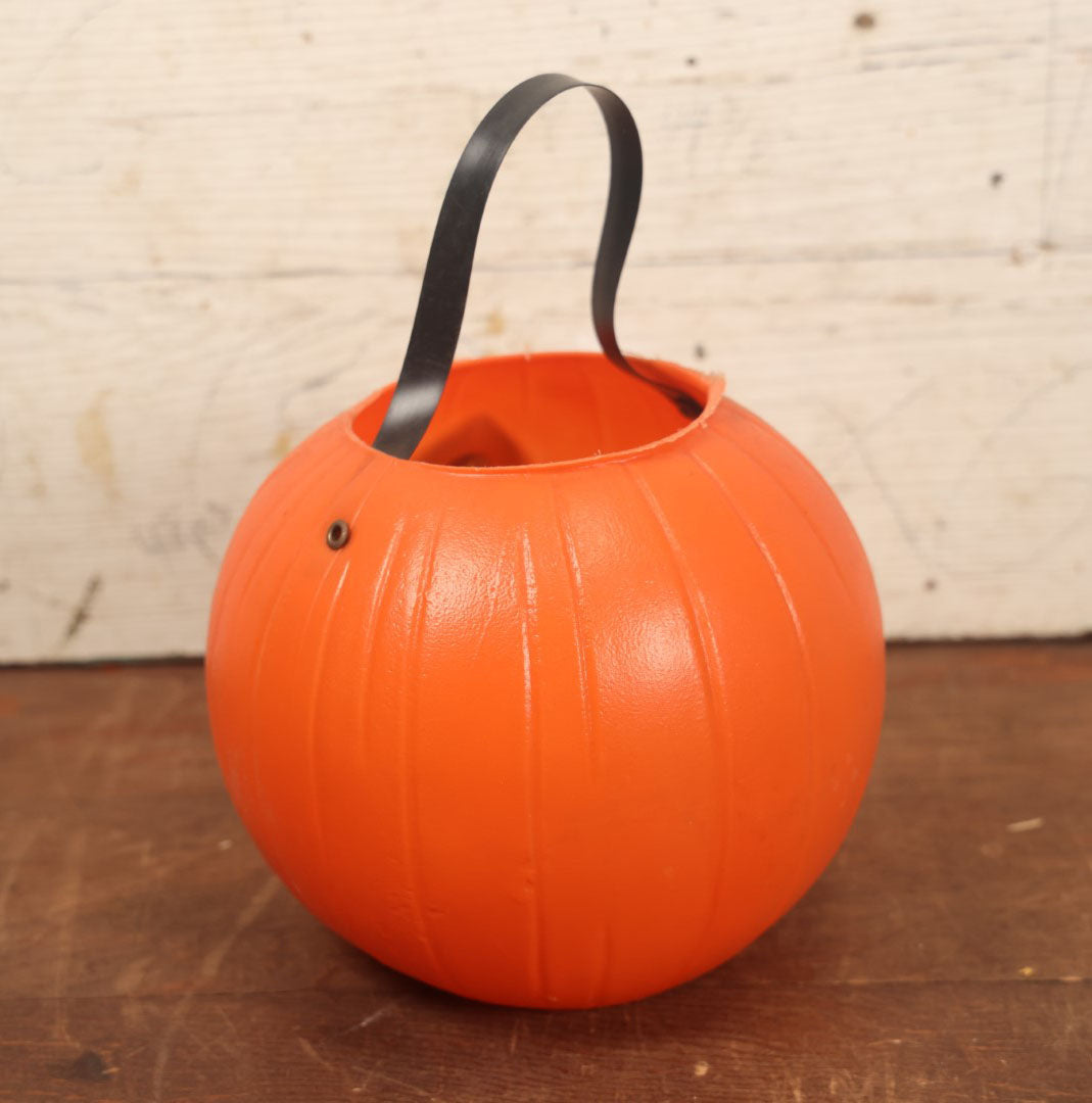 Lot 042 - Vintage Halloween Pumpkin Jack-O-Lantern J.O.L. Blow Mold Candy Bucket With Handle - Darker Black Face