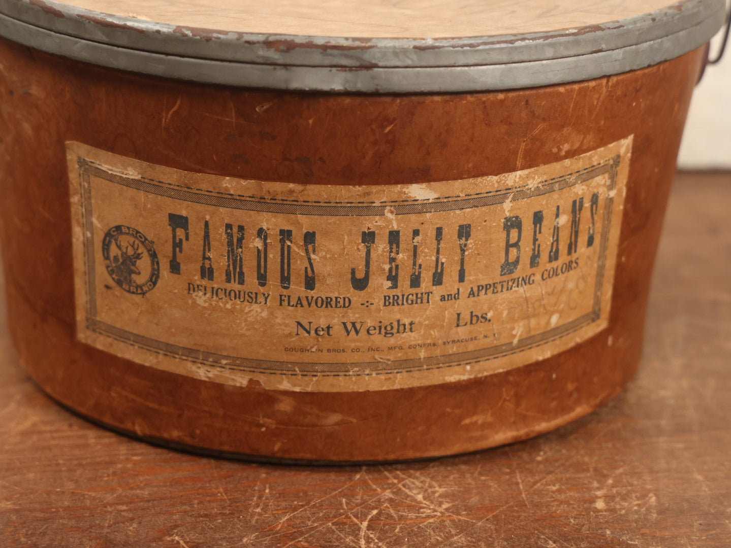 Lot 044 - Antique Famous Jelly Beans Bucket Store Container With Original Paper Label, By Coughlin Bros. Co., Inc., Confectioners, Syracuse, N.Y.