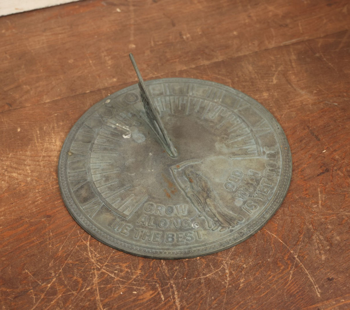 Lot 057 - Reproduction Decorative Cast Metal Sundial "Grow Old Along With Me, The Best Is Yet To Come" With Father Time / Grim Reaper With Scythe, Note Phillips Head Screws, Not Old