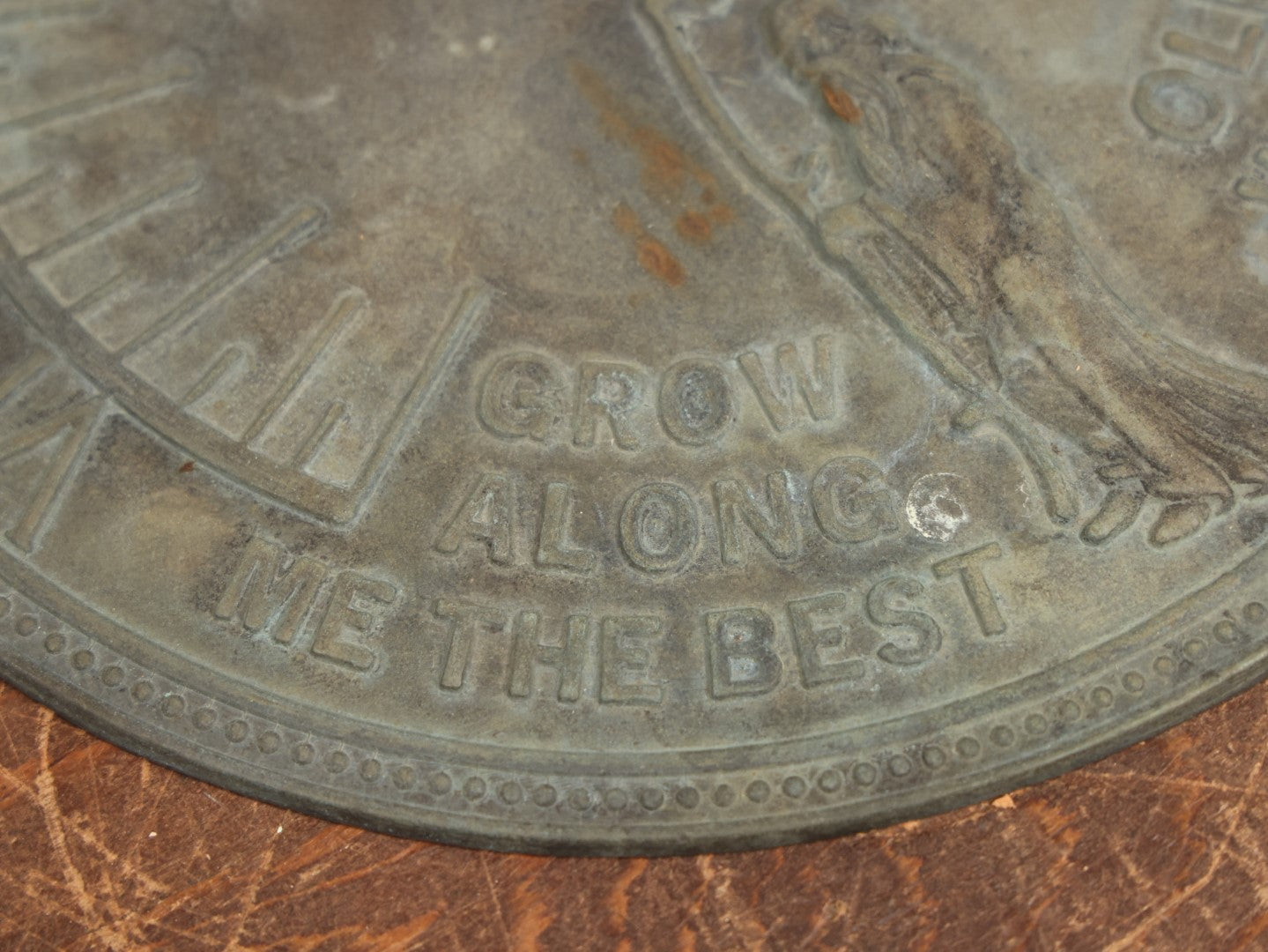 Lot 057 - Reproduction Decorative Cast Metal Sundial "Grow Old Along With Me, The Best Is Yet To Come" With Father Time / Grim Reaper With Scythe, Note Phillips Head Screws, Not Old