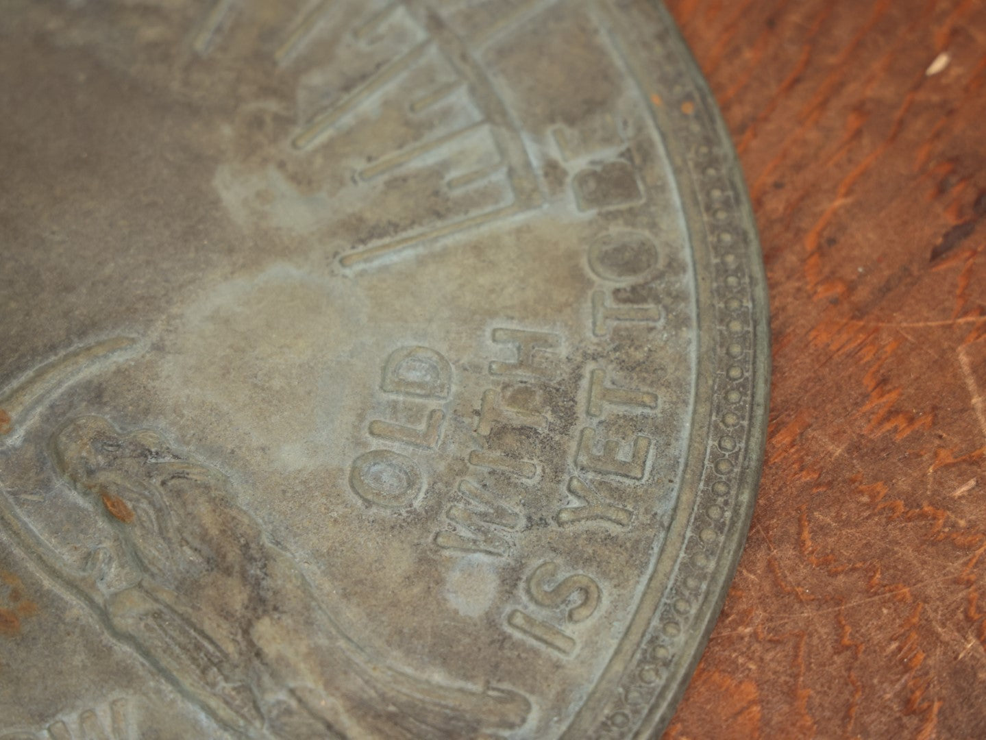 Lot 057 - Reproduction Decorative Cast Metal Sundial "Grow Old Along With Me, The Best Is Yet To Come" With Father Time / Grim Reaper With Scythe, Note Phillips Head Screws, Not Old