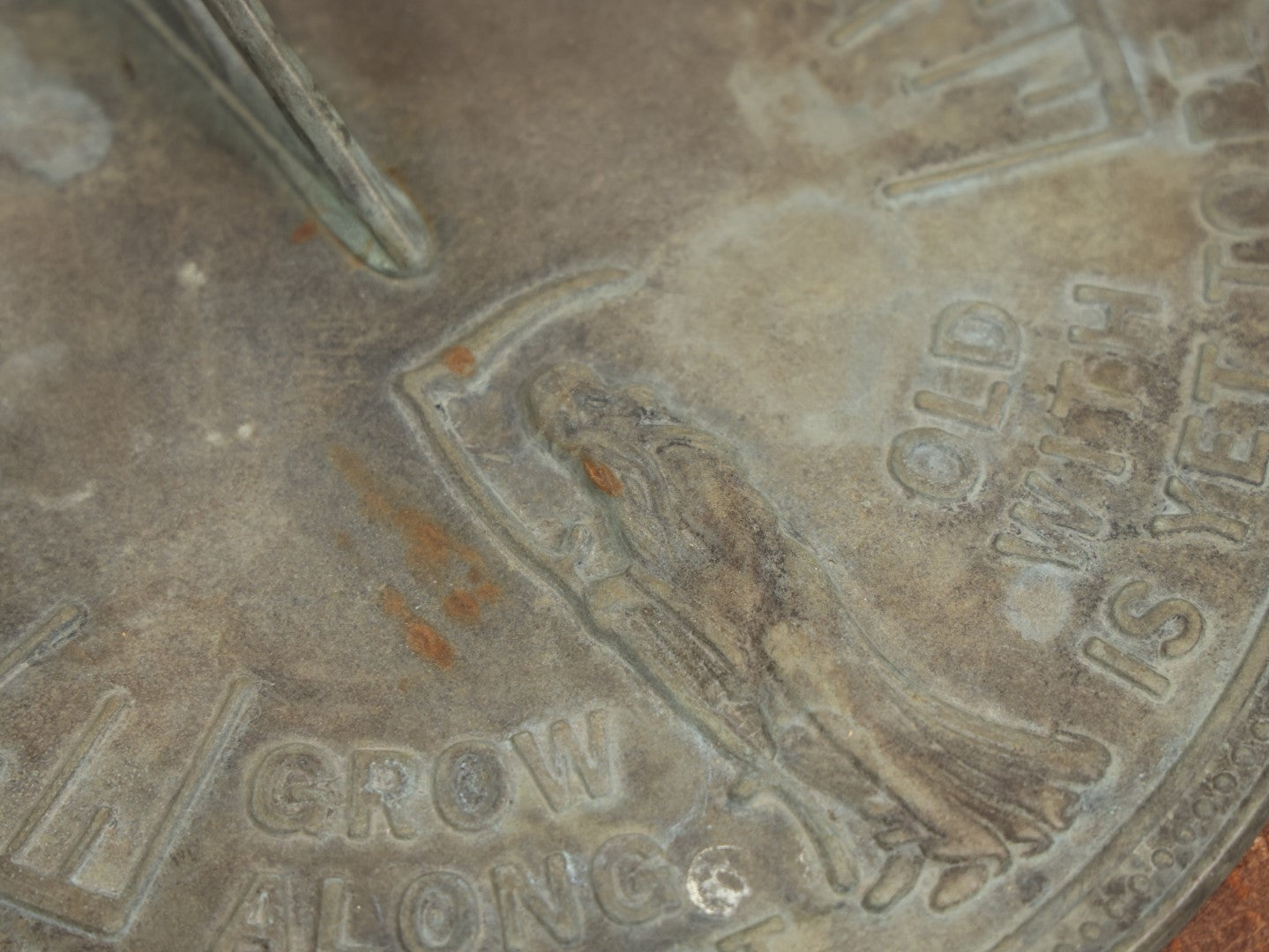 Lot 057 - Reproduction Decorative Cast Metal Sundial "Grow Old Along With Me, The Best Is Yet To Come" With Father Time / Grim Reaper With Scythe, Note Phillips Head Screws, Not Old