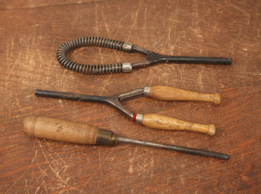 Lot 062 - Grouping Of Three Antique Metal Hair Curling Iron Tools, Wood Handles