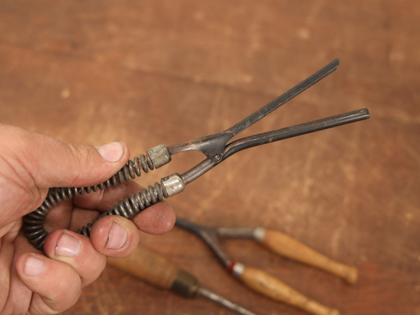 Lot 062 - Grouping Of Three Antique Metal Hair Curling Iron Tools, Wood Handles