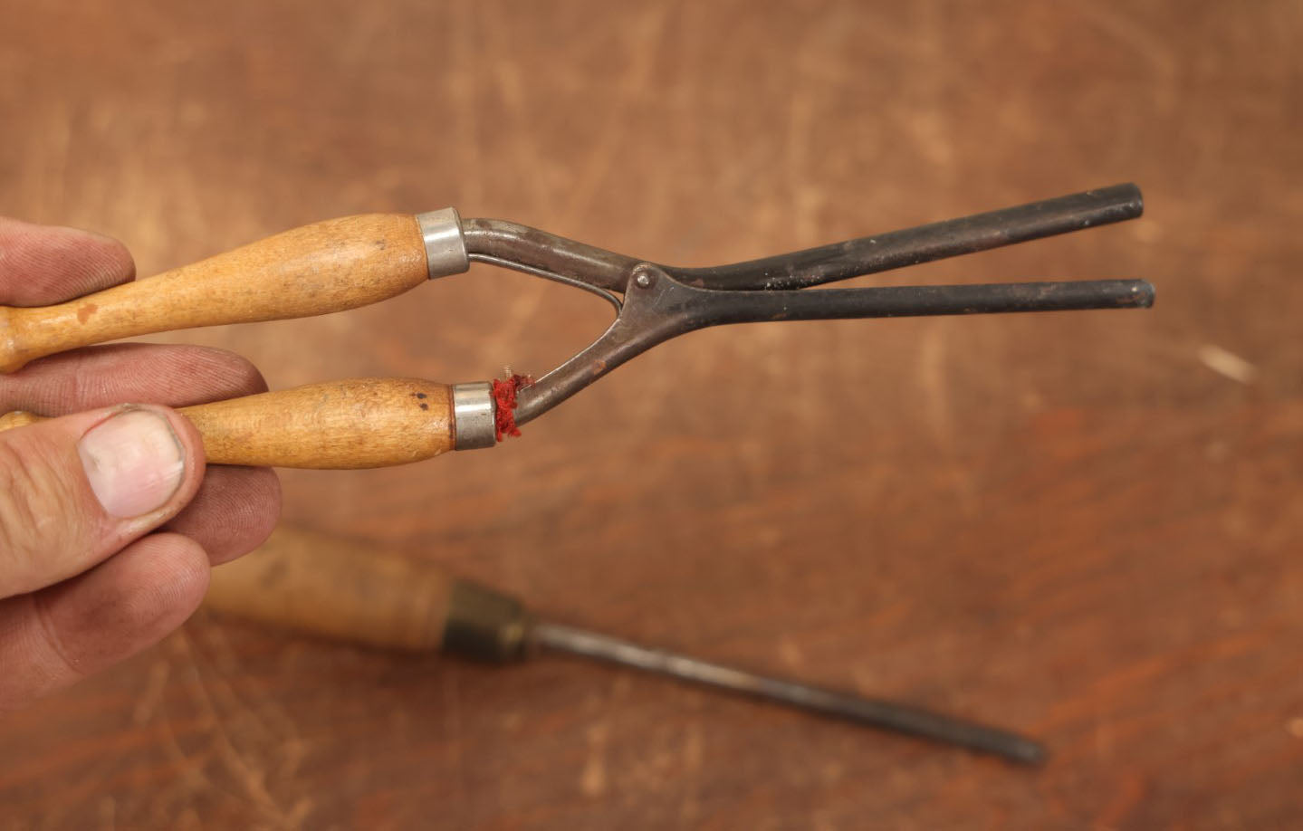 Lot 062 - Grouping Of Three Antique Metal Hair Curling Iron Tools, Wood Handles