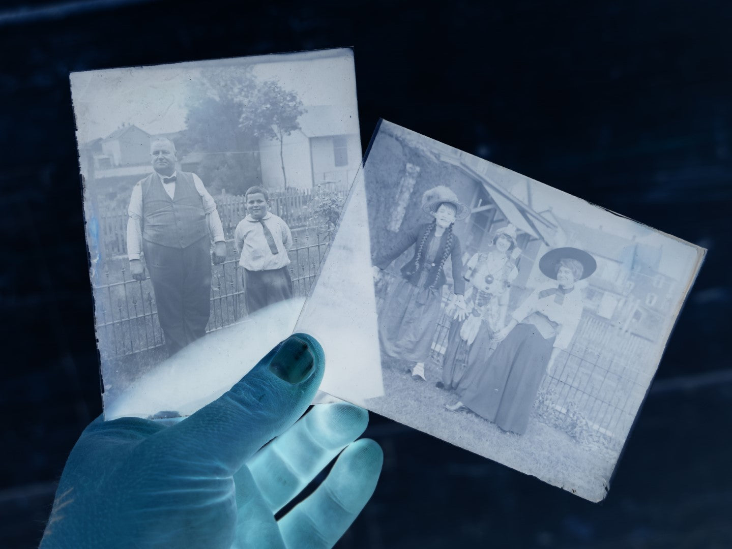 Lot 065 - Antique Glass Photo Negatives, Pair, Portly Man And Boy, And Three Women In Costumes, One Dressed As Fortune Teller / Gypsy, Likely From Or Around Mendon, Massachusetts, New England, Circa 1900