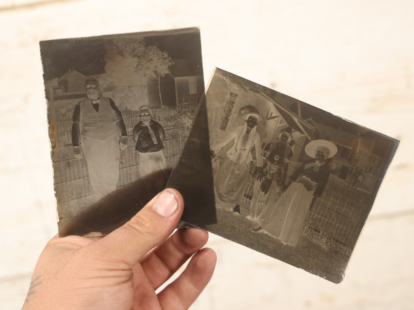 Lot 065 - Antique Glass Photo Negatives, Pair, Portly Man And Boy, And Three Women In Costumes, One Dressed As Fortune Teller / Gypsy, Likely From Or Around Mendon, Massachusetts, New England, Circa 1900