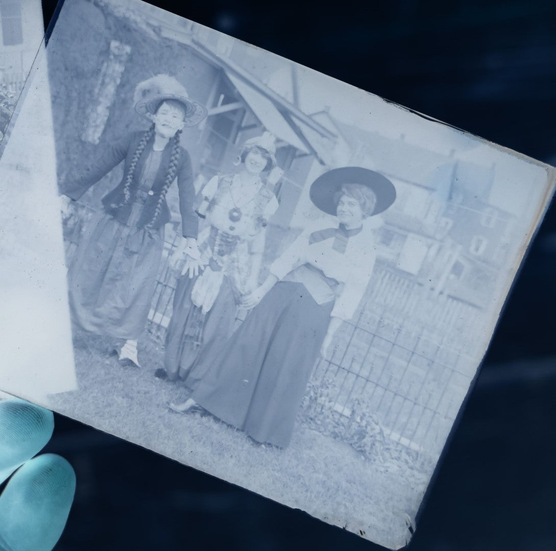 Lot 065 - Antique Glass Photo Negatives, Pair, Portly Man And Boy, And Three Women In Costumes, One Dressed As Fortune Teller / Gypsy, Likely From Or Around Mendon, Massachusetts, New England, Circa 1900