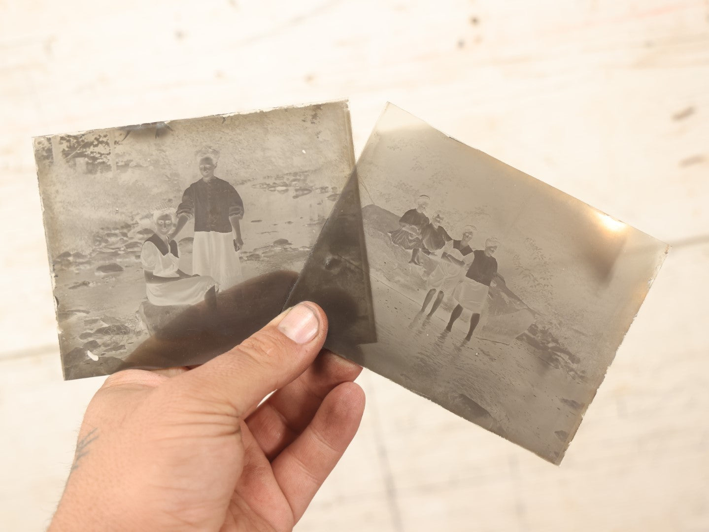 Lot 066 - Antique Glass Photo Negatives, Pair, Women In A Stream, River, Nature Scenes, Likely From Or Around Mendon, Massachusetts, New England, Circa 1900