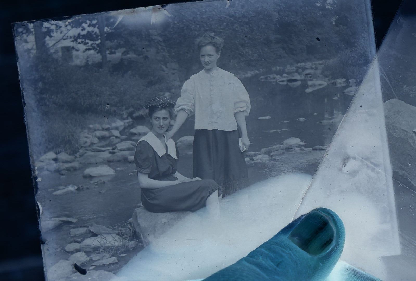 Lot 066 - Antique Glass Photo Negatives, Pair, Women In A Stream, River, Nature Scenes, Likely From Or Around Mendon, Massachusetts, New England, Circa 1900