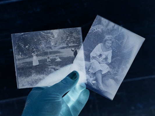 Lot 068 - Antique Glass Photo Negatives, Pair, Girl Shooting Rifle And Girl Holding Kittens, Likely From Or Around Mendon, Massachusetts, New England, Circa 1900