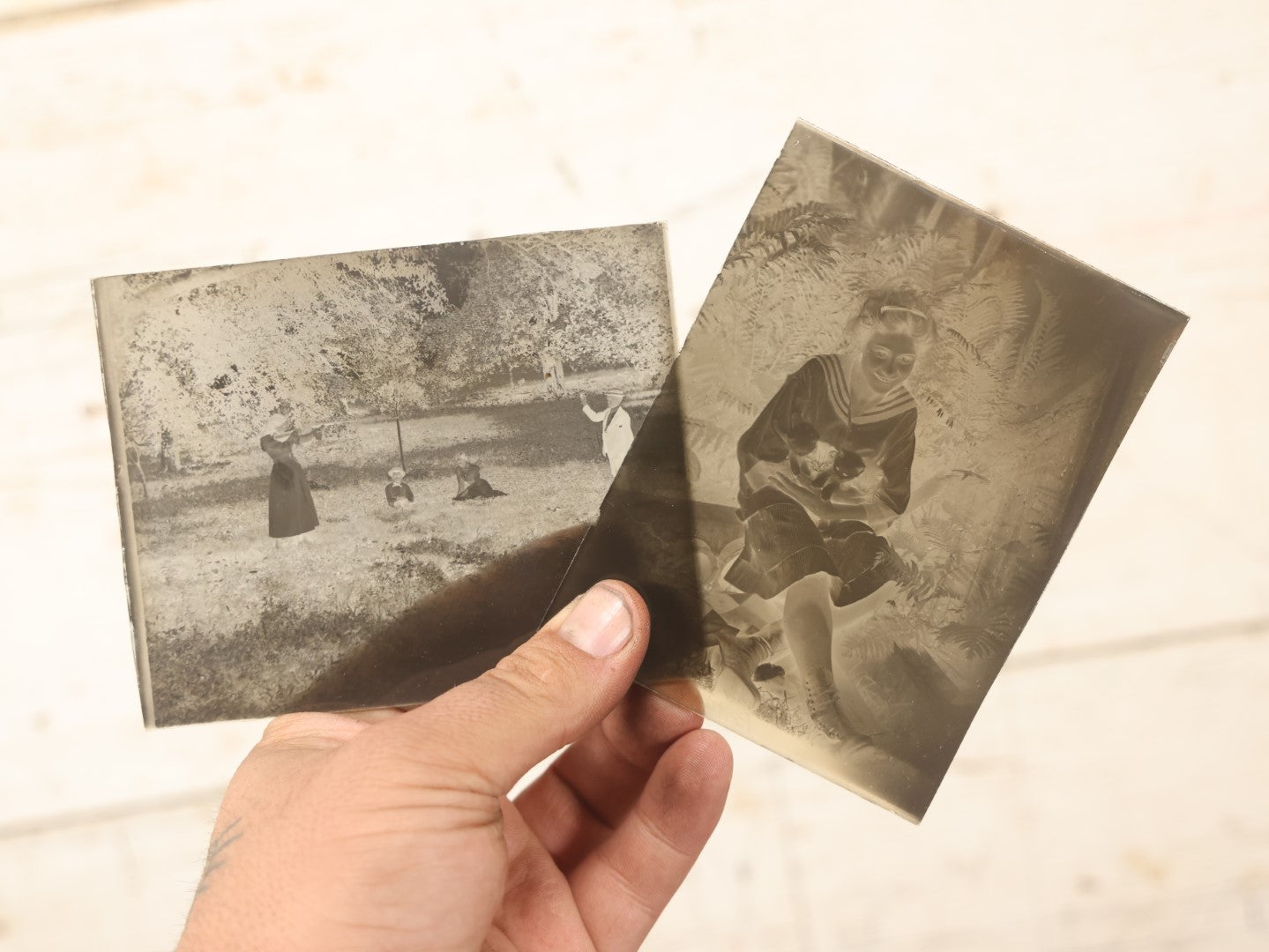 Lot 068 - Antique Glass Photo Negatives, Pair, Girl Shooting Rifle And Girl Holding Kittens, Likely From Or Around Mendon, Massachusetts, New England, Circa 1900