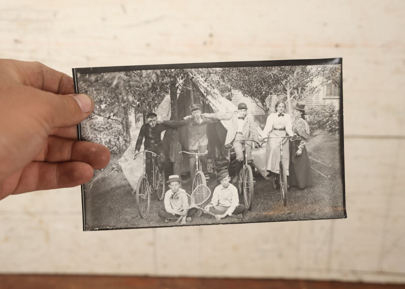 Lot 069 - Antique Glass Photo Negatives With Developed Photos, Pair, Group Of Boys And Girls Outdoors In Front Of Tent, With Bicycles, Likely From Or Around Mendon, Massachusetts, New England, Circa 1900