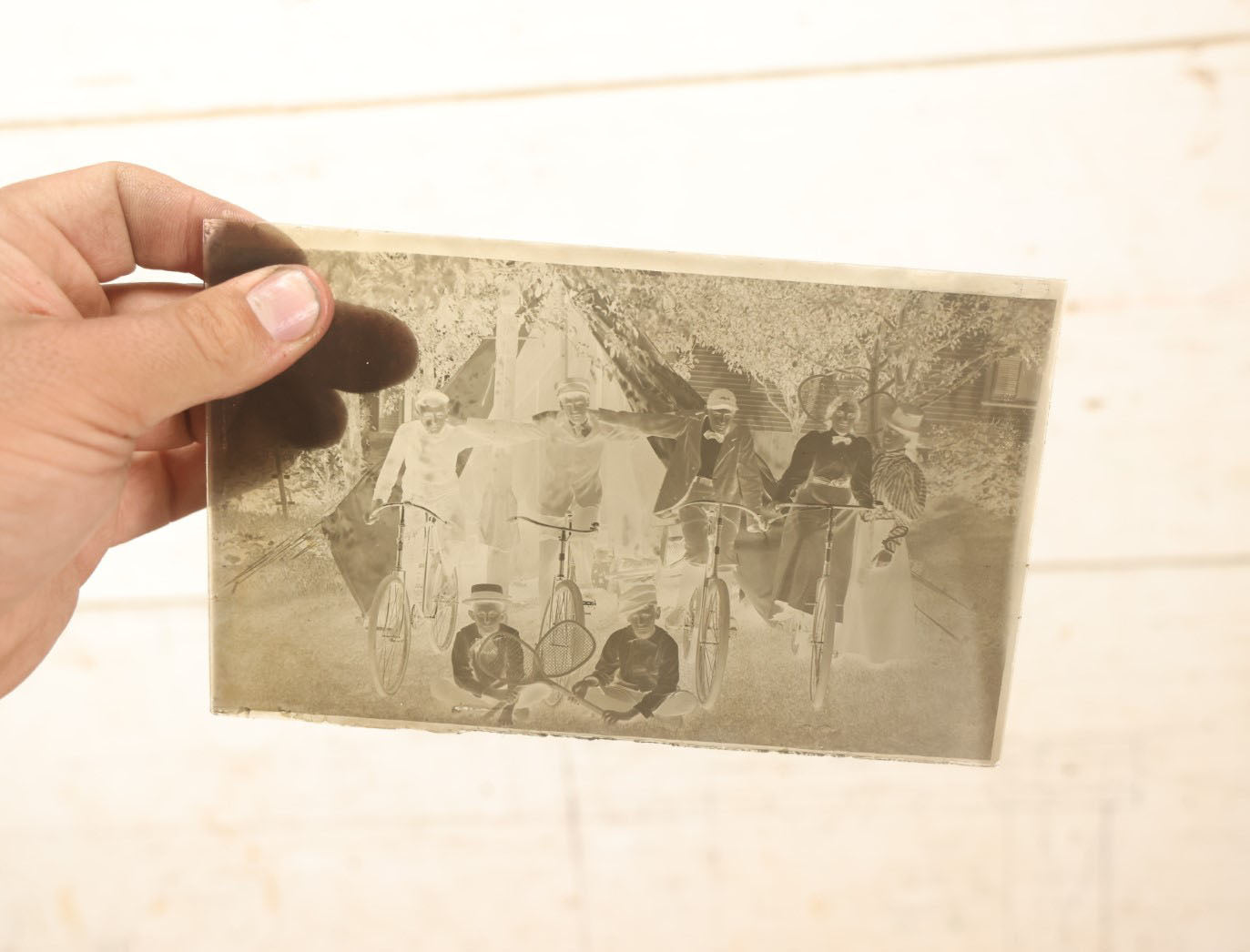 Lot 069 - Antique Glass Photo Negatives With Developed Photos, Pair, Group Of Boys And Girls Outdoors In Front Of Tent, With Bicycles, Likely From Or Around Mendon, Massachusetts, New England, Circa 1900