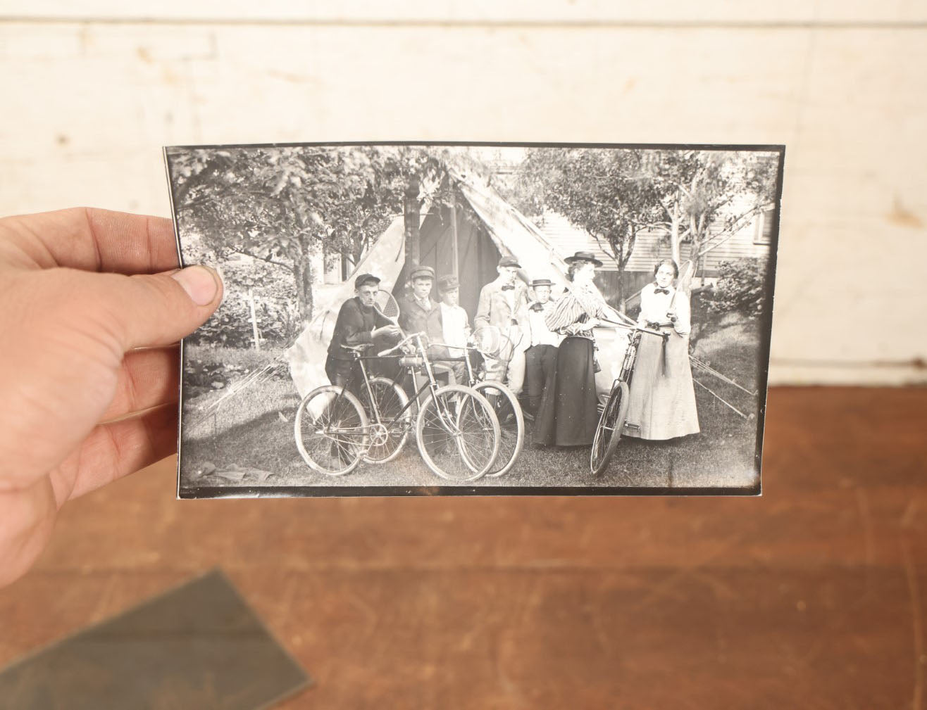 Lot 069 - Antique Glass Photo Negatives With Developed Photos, Pair, Group Of Boys And Girls Outdoors In Front Of Tent, With Bicycles, Likely From Or Around Mendon, Massachusetts, New England, Circa 1900