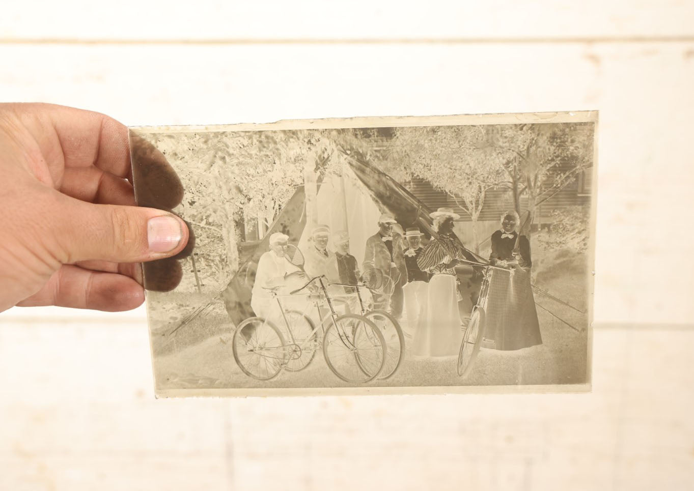 Lot 069 - Antique Glass Photo Negatives With Developed Photos, Pair, Group Of Boys And Girls Outdoors In Front Of Tent, With Bicycles, Likely From Or Around Mendon, Massachusetts, New England, Circa 1900