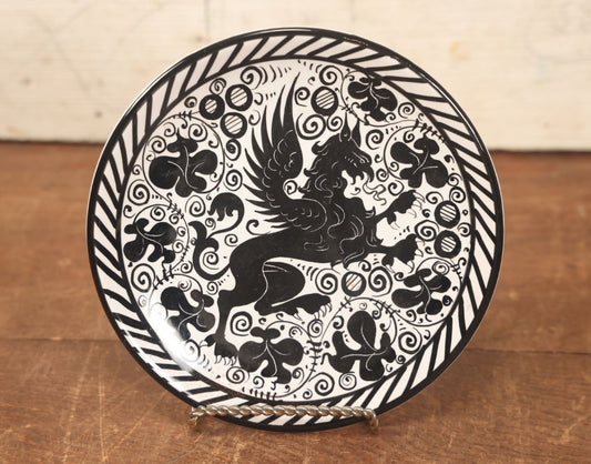 Lot 074 - Hand Painted Porcelain Gryffin Plate, Black On White, Signed Fima Deruta, Italy