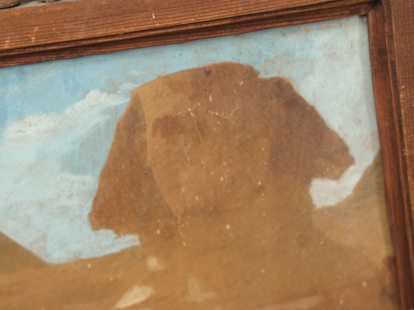 Lot 080 - Antique Painted Over Photo Of Egypt, Sphinx, And Pyramids, On Canvas In Carved Wooden Frame, Note Various Wear, Holes