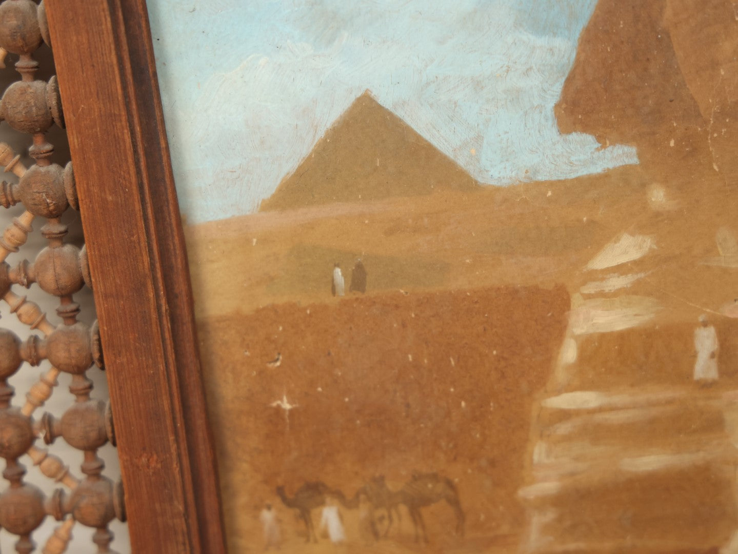 Lot 080 - Antique Painted Over Photo Of Egypt, Sphinx, And Pyramids, On Canvas In Carved Wooden Frame, Note Various Wear, Holes