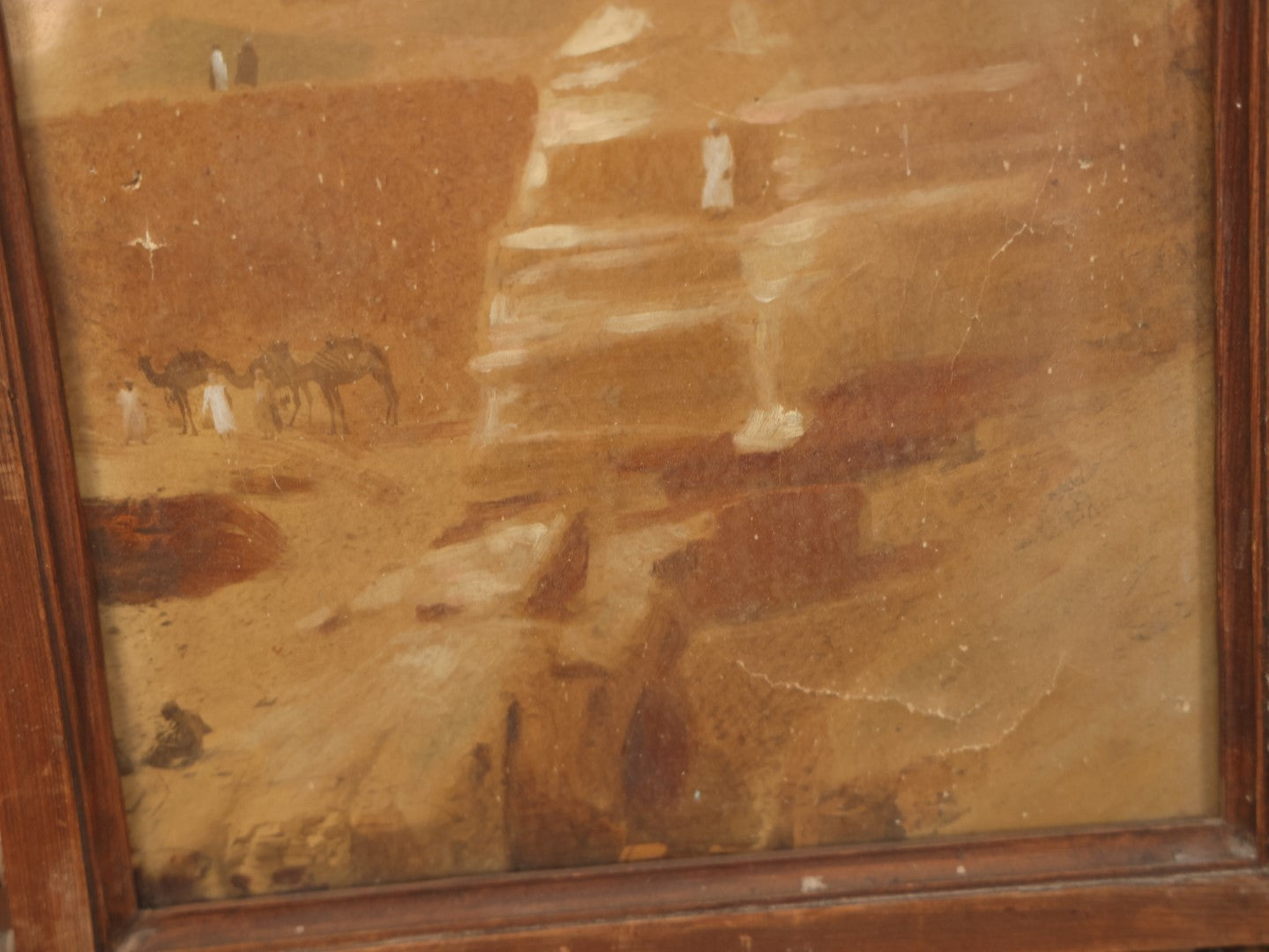 Lot 080 - Antique Painted Over Photo Of Egypt, Sphinx, And Pyramids, On Canvas In Carved Wooden Frame, Note Various Wear, Holes