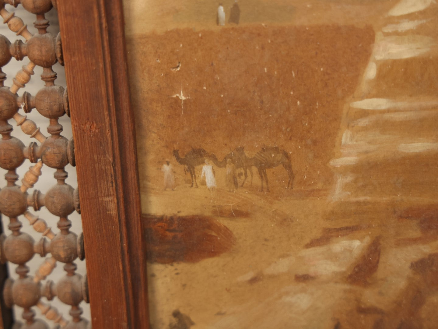 Lot 080 - Antique Painted Over Photo Of Egypt, Sphinx, And Pyramids, On Canvas In Carved Wooden Frame, Note Various Wear, Holes