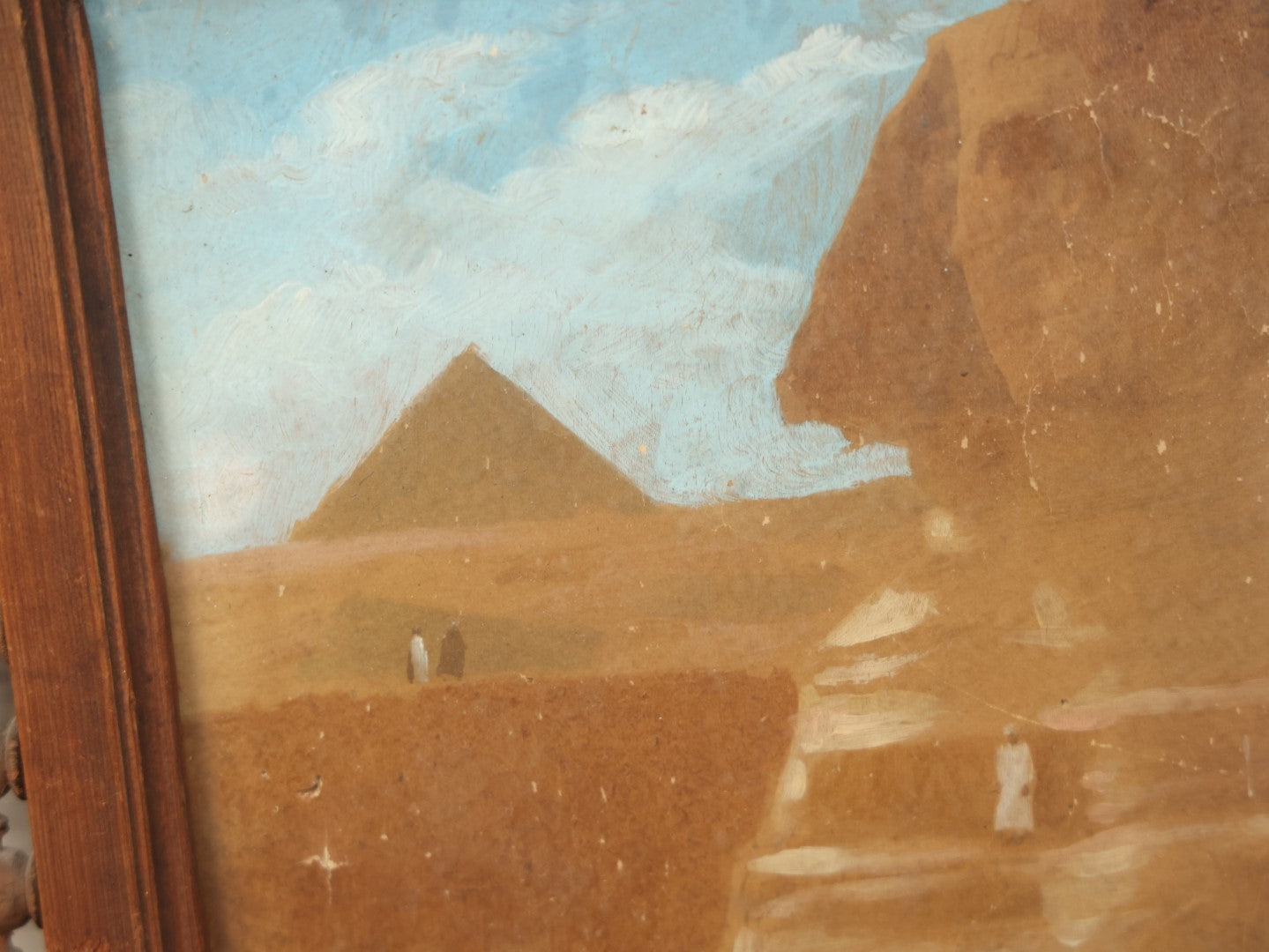 Lot 080 - Antique Painted Over Photo Of Egypt, Sphinx, And Pyramids, On Canvas In Carved Wooden Frame, Note Various Wear, Holes