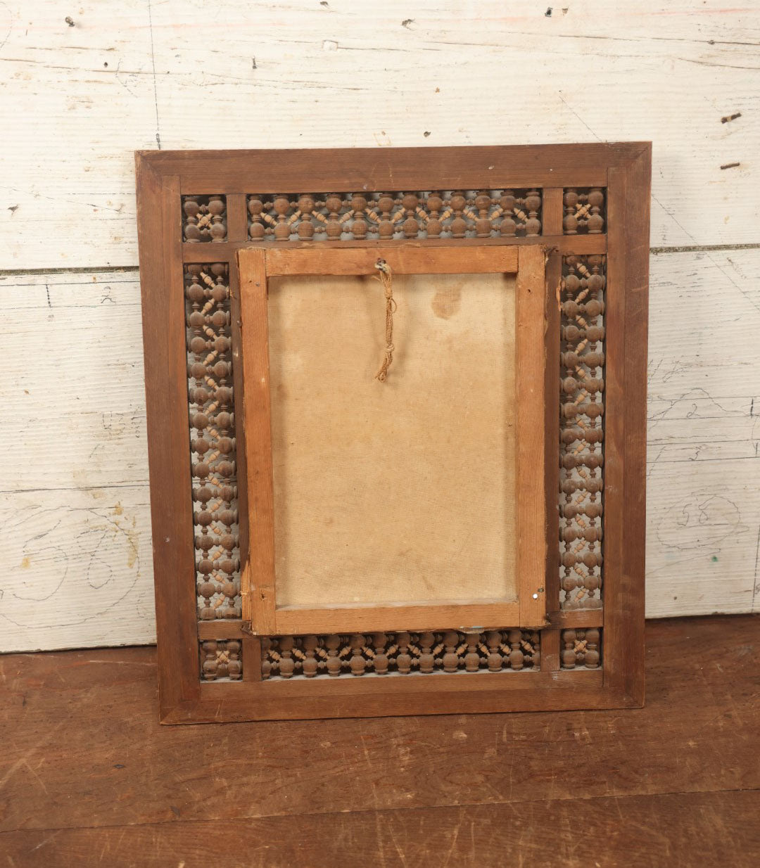 Lot 080 - Antique Painted Over Photo Of Egypt, Sphinx, And Pyramids, On Canvas In Carved Wooden Frame, Note Various Wear, Holes