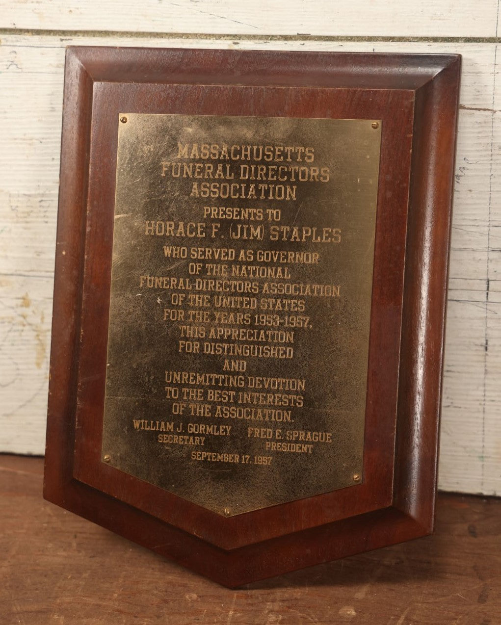 Lot 082 - Massachusetts Funeral Directors Associated Presentation Award To Former Association Governor Horace F. (Jim) Staples, 1957