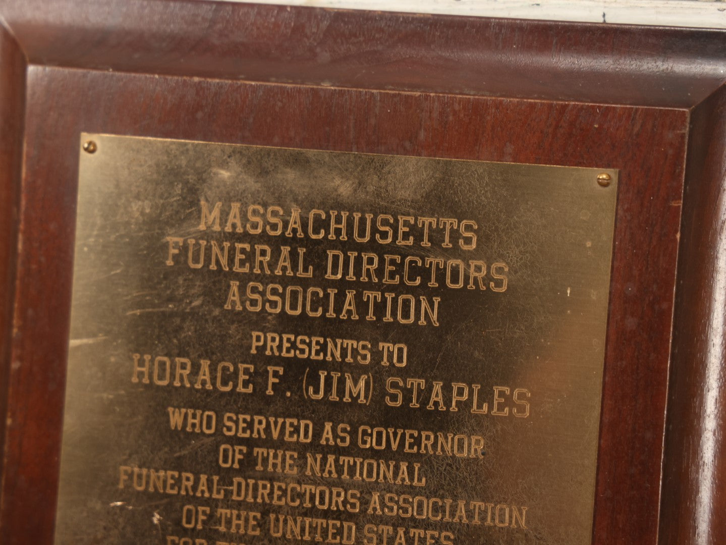 Lot 082 - Massachusetts Funeral Directors Associated Presentation Award To Former Association Governor Horace F. (Jim) Staples, 1957