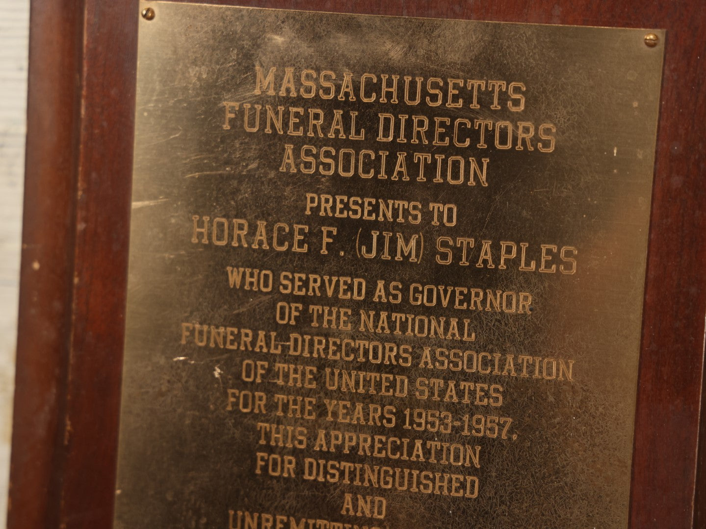 Lot 082 - Massachusetts Funeral Directors Associated Presentation Award To Former Association Governor Horace F. (Jim) Staples, 1957