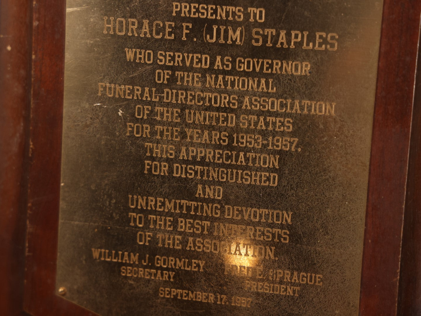 Lot 082 - Massachusetts Funeral Directors Associated Presentation Award To Former Association Governor Horace F. (Jim) Staples, 1957