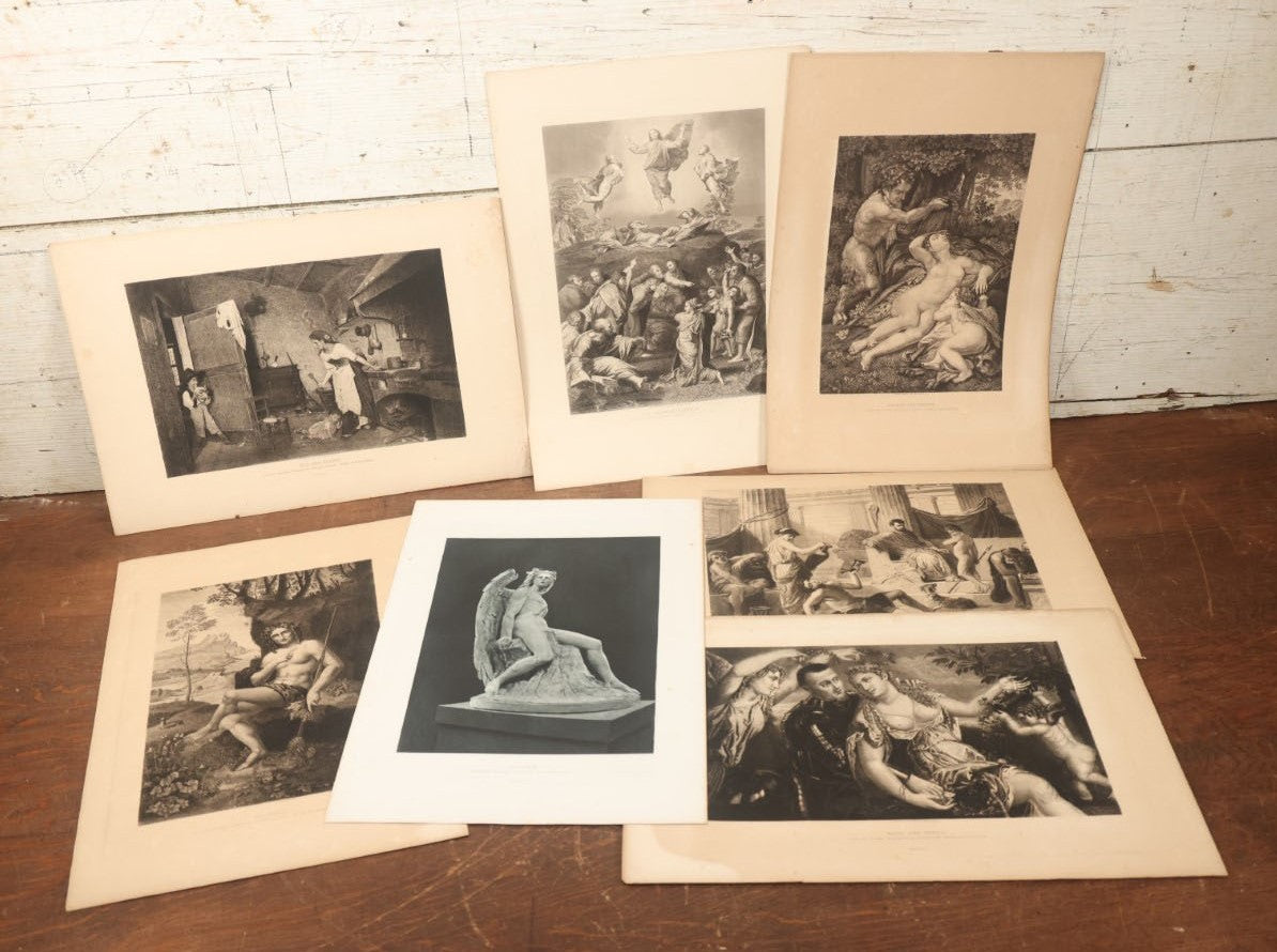 Lot 083 - Grouping Of Seven Dramatic Antique Engravings And Prints, Including Lucifer Statue, Mars And Venus, Jupiter And Antiope, Bacchus, Child In Creepy Mask, And More