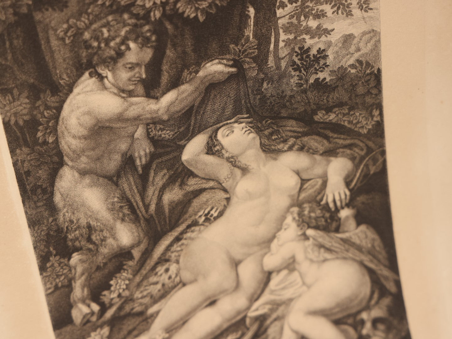 Lot 083 - Grouping Of Seven Dramatic Antique Engravings And Prints, Including Lucifer Statue, Mars And Venus, Jupiter And Antiope, Bacchus, Child In Creepy Mask, And More