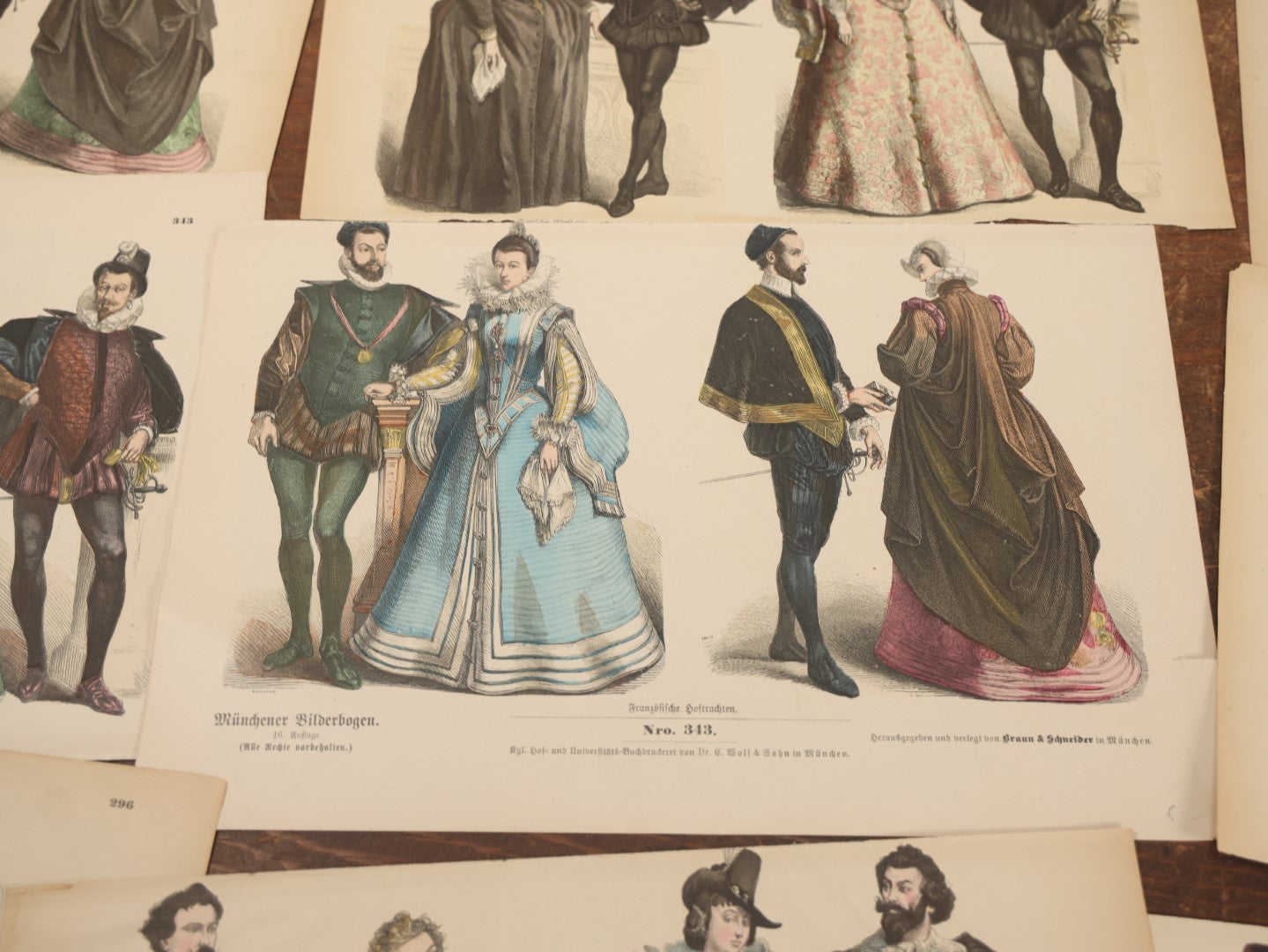 Lot 085 - Grouping Of Sixteen Antique German Hand Colored Lithograph Fashion Prints, From A Book, Including Nuns, Friars, And More, Note Various Wear And Tear