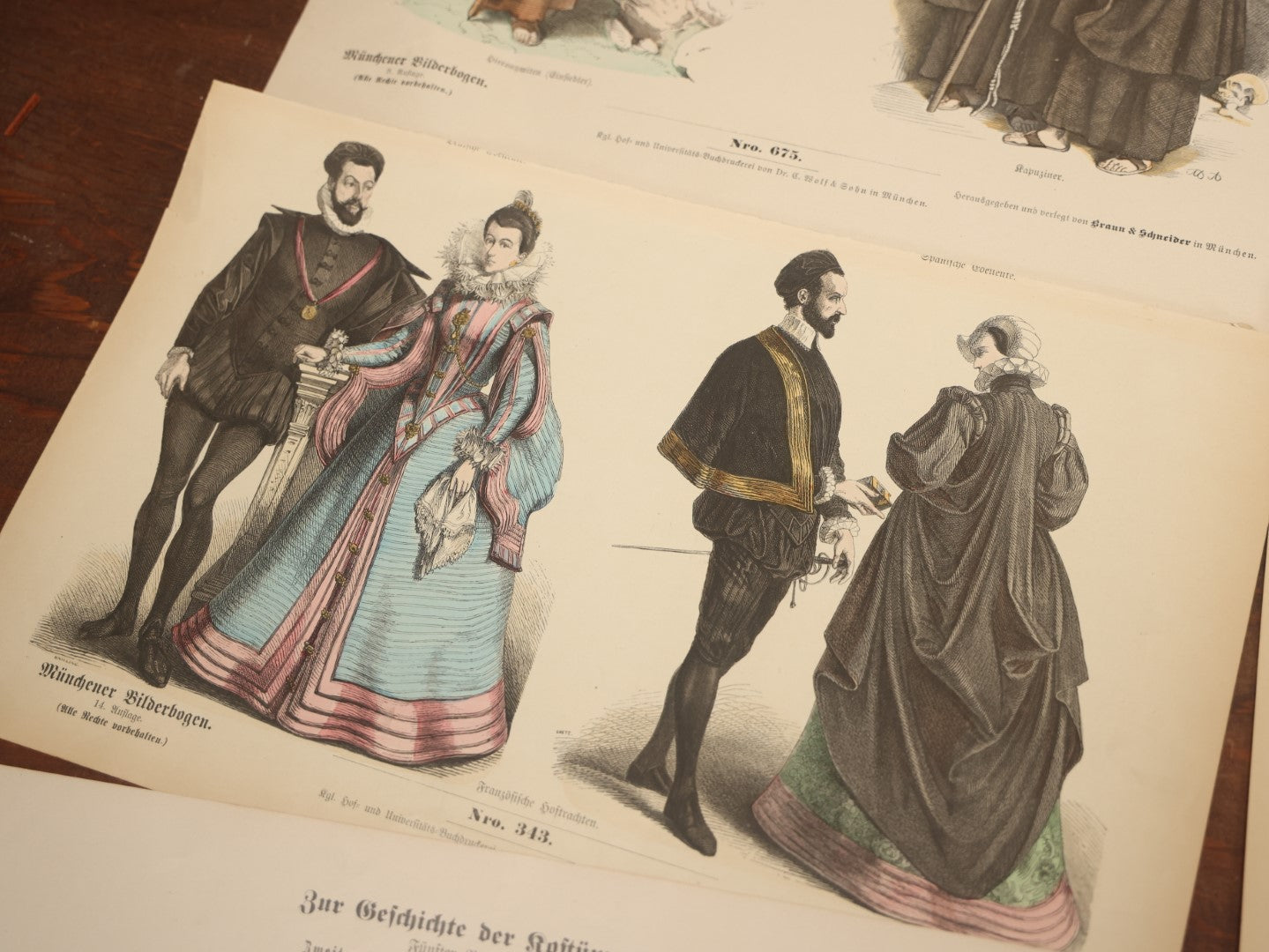 Lot 085 - Grouping Of Sixteen Antique German Hand Colored Lithograph Fashion Prints, From A Book, Including Nuns, Friars, And More, Note Various Wear And Tear