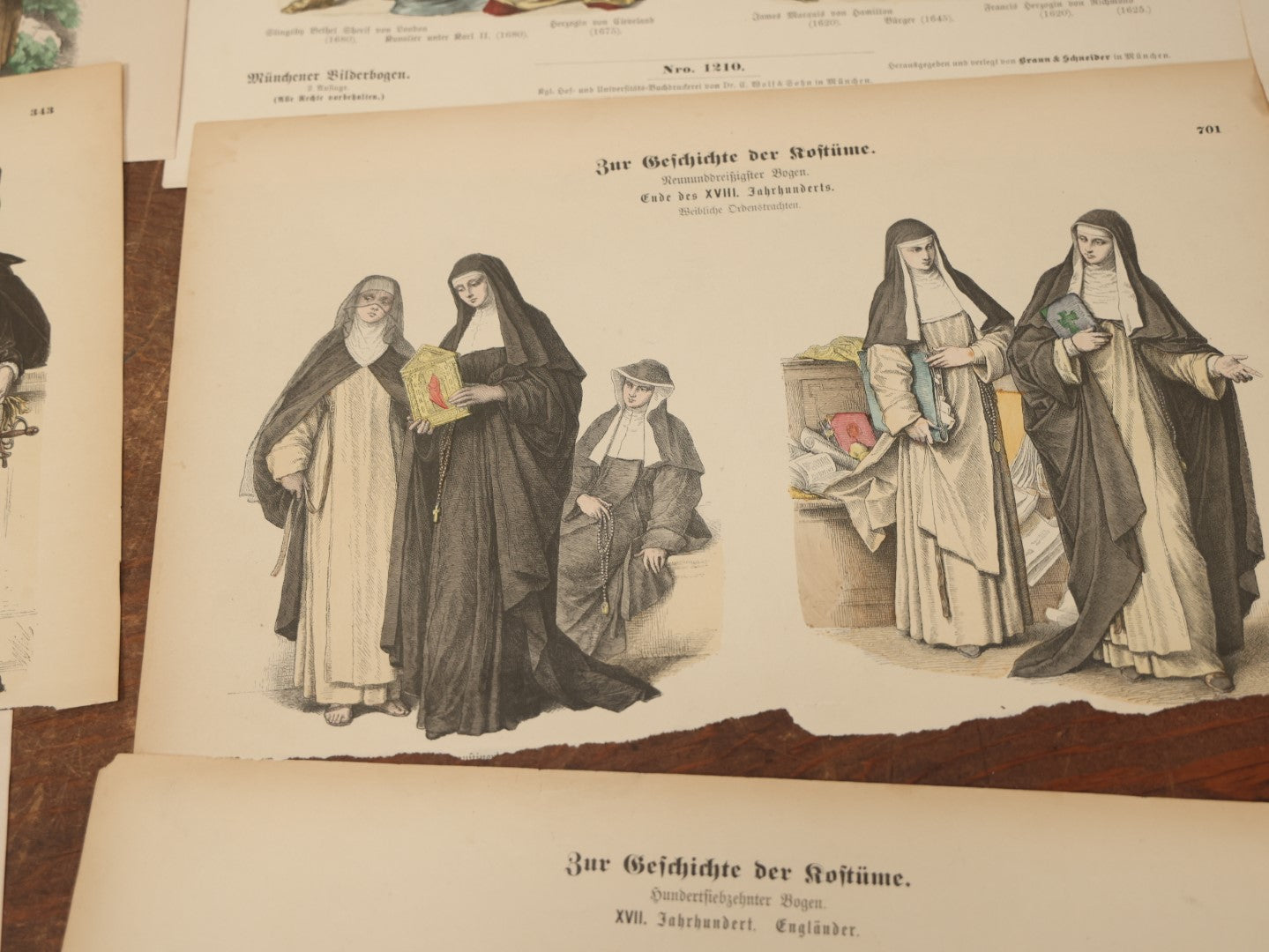 Lot 085 - Grouping Of Sixteen Antique German Hand Colored Lithograph Fashion Prints, From A Book, Including Nuns, Friars, And More, Note Various Wear And Tear