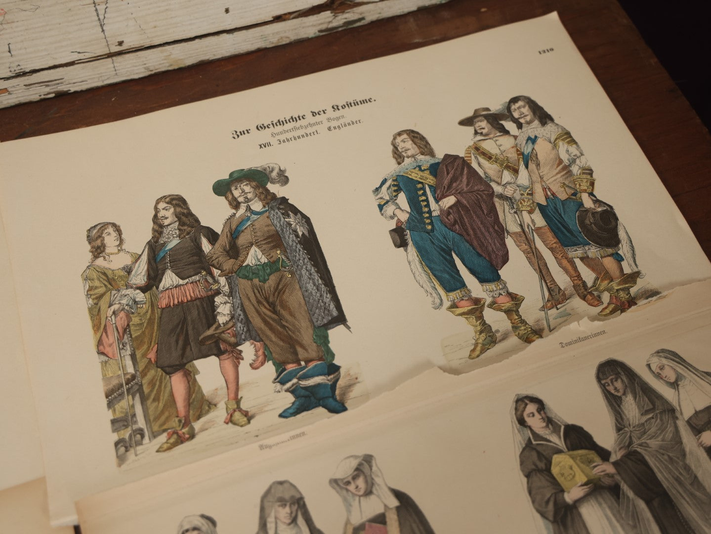 Lot 085 - Grouping Of Sixteen Antique German Hand Colored Lithograph Fashion Prints, From A Book, Including Nuns, Friars, And More, Note Various Wear And Tear