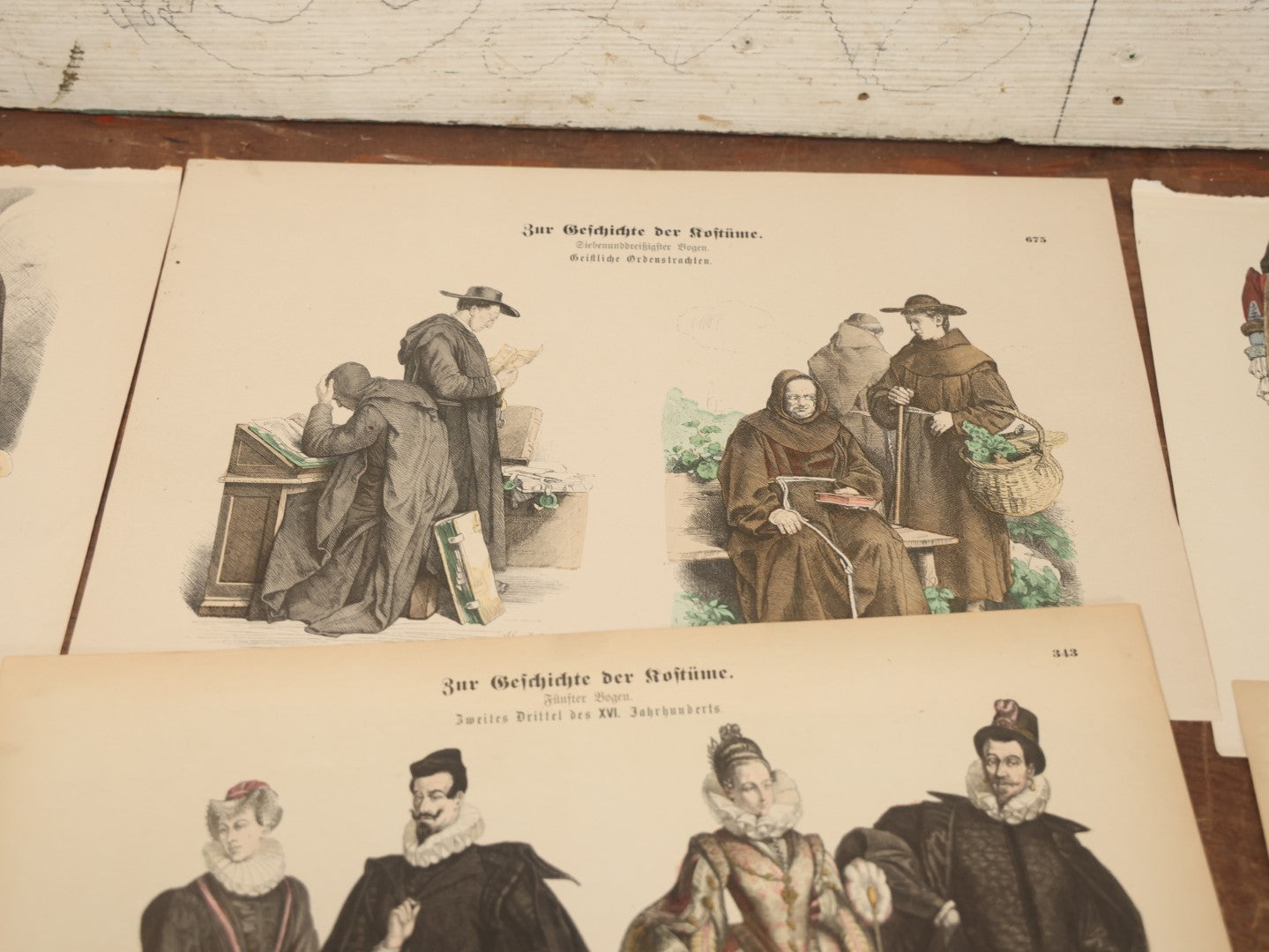 Lot 085 - Grouping Of Sixteen Antique German Hand Colored Lithograph Fashion Prints, From A Book, Including Nuns, Friars, And More, Note Various Wear And Tear