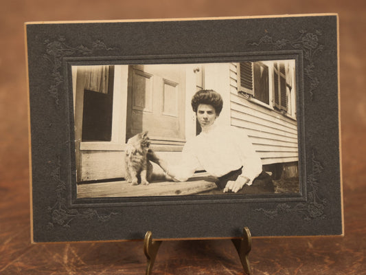 Lot 092 - Antique Small Boarded Photo Of Woman And Cat Sitting On Stoop