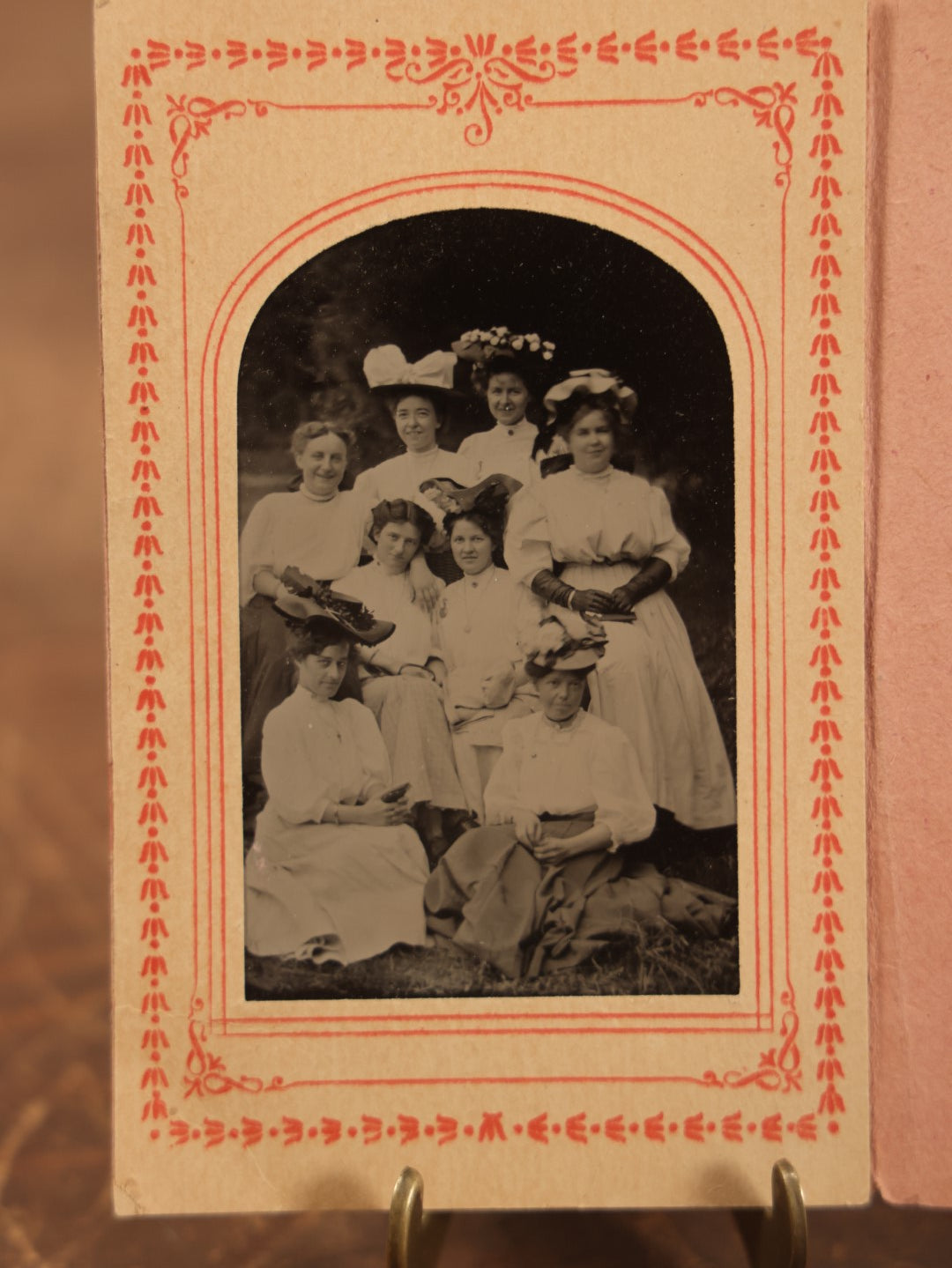 Lot 093 - Single Tintype Photo, Eight Women Outside In White Dresses, In Folder From Canobie Lake Park Studio, George Lemire, Manager, Salem, New Hampshire